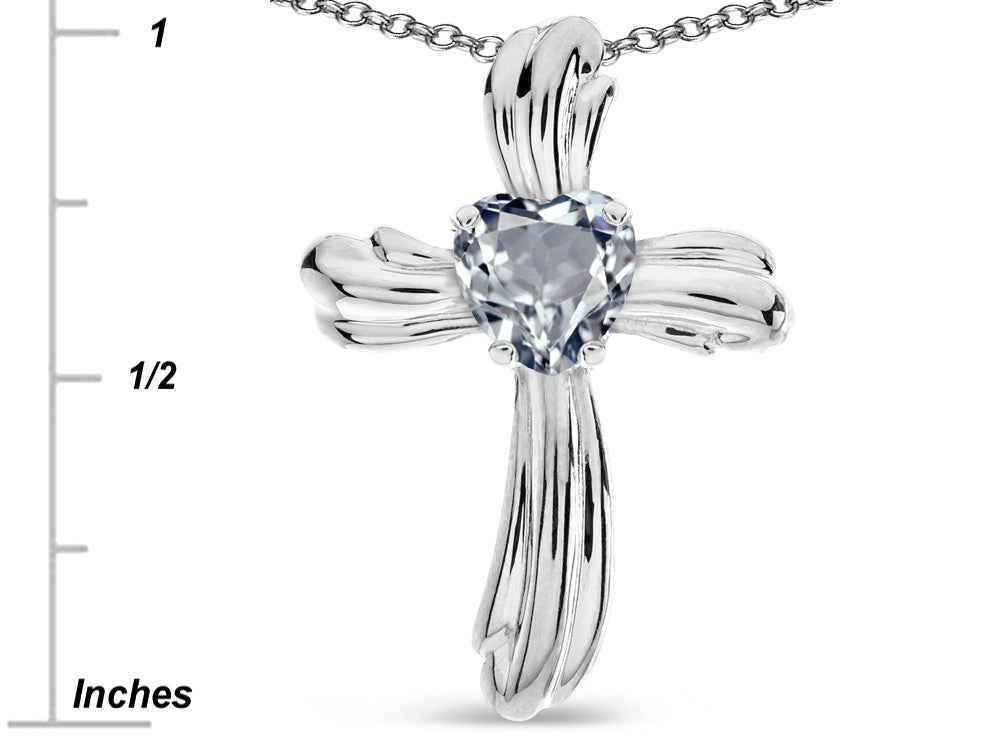 Star K Heart Shape 6mm Genuine Aquamarine Ribbed Cross Of Love Pendant Necklace