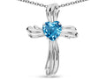 Star K Heart Shape 6mm Genuine Blue Topaz Ribbed Cross Of Love Pendant Necklace