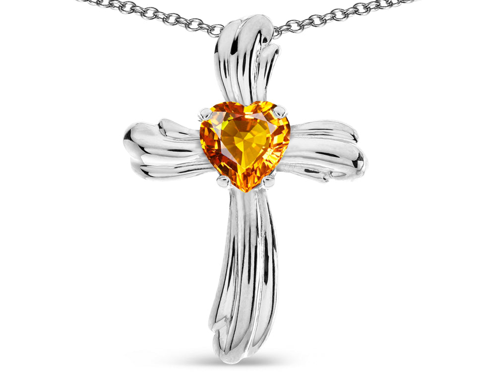 Star K Heart Shape 6mm Genuine Citrine Ribbed Cross Of Love Pendant Necklace