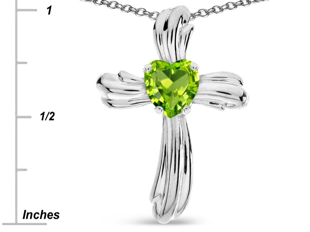 Star K Heart Shape 6mm Genuine Peridot Ribbed Cross Of Love Pendant Necklace