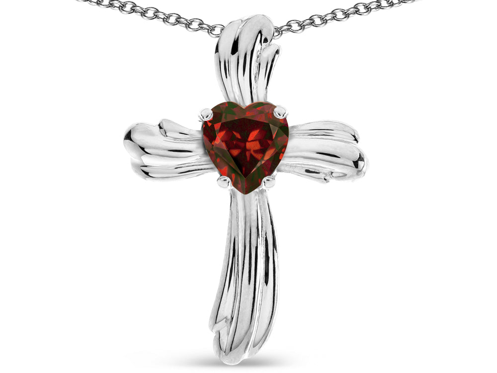 Star K Heart Shape 6mm Genuine Garnet Ribbed Cross Of Love Pendant Necklace
