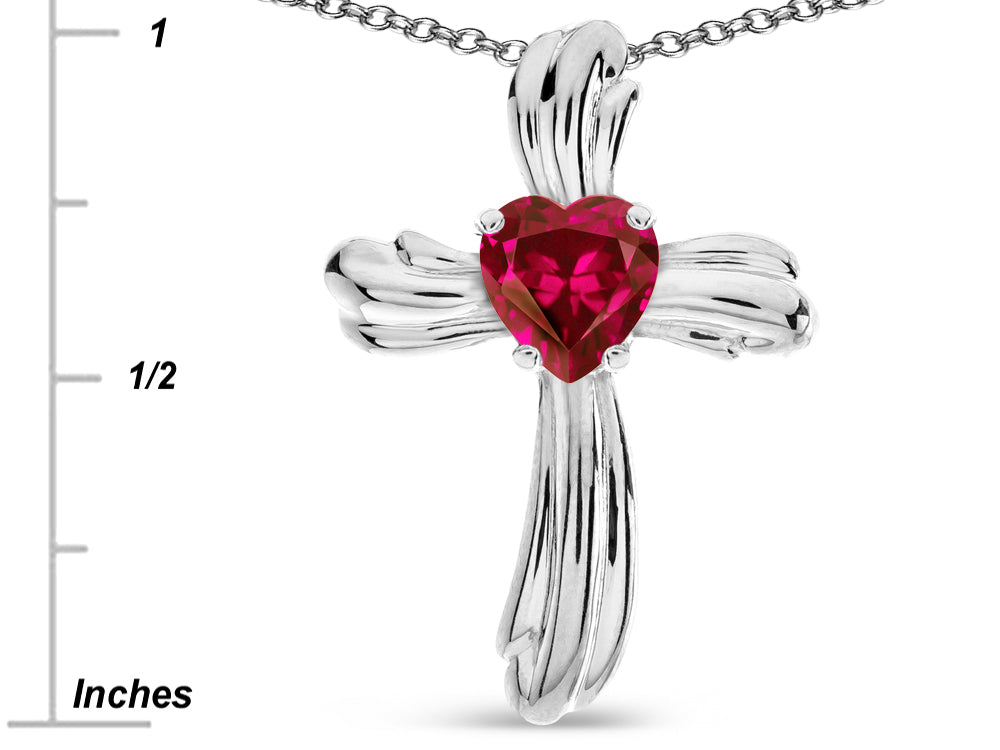 Star K Heart Shape 6mm Created Ruby Ribbed Cross Of Love Pendant Necklace
