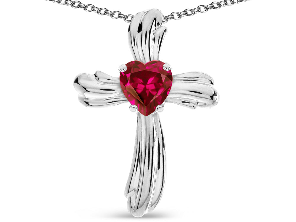 Star K Heart Shape 6mm Created Ruby Ribbed Cross Of Love Pendant Necklace