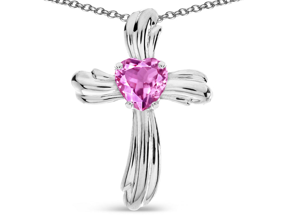 Star K Heart Shape 6mm Created Pink Sapphire Ribbed Cross Of Love Pendant Necklace
