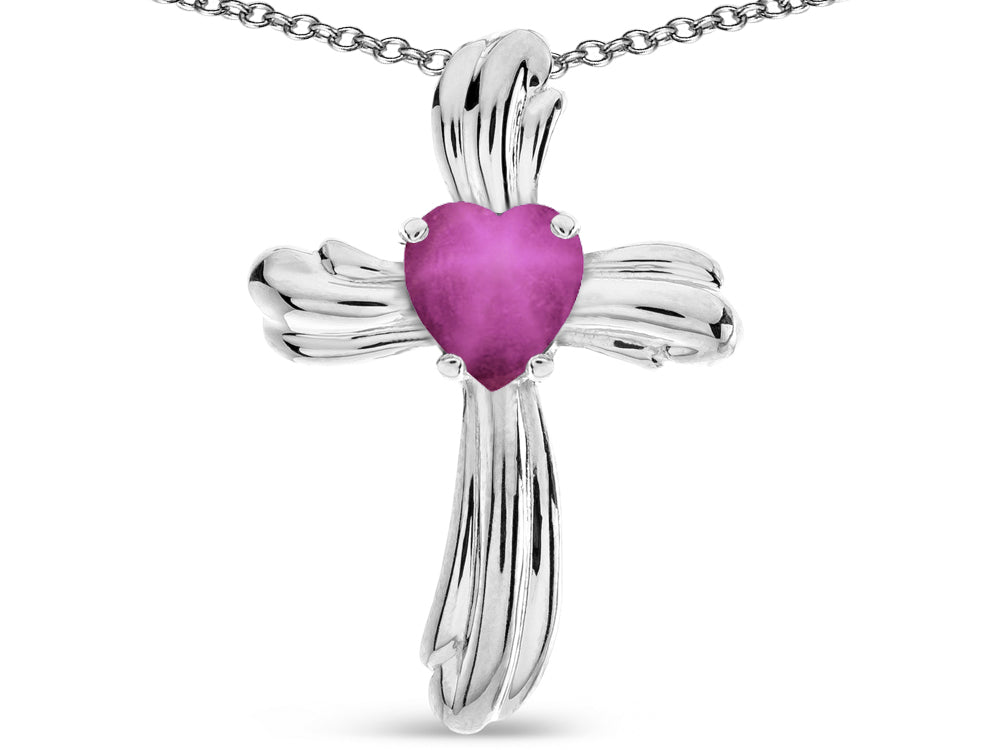 Star K Heart Shape 6mm Created Star Ruby Ribbed Cross Of Love Pendant Necklace
