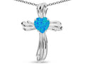 Star K Heart Shape 6mm Blue Created Opal Ribbed Cross Of Love Pendant Necklace