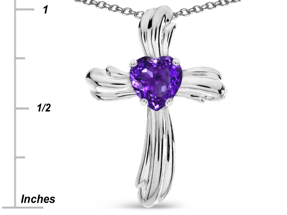 Star K Heart Shape 6mm Genuine Amethyst Ribbed Cross Of Love Pendant Necklace 10k White Gold
