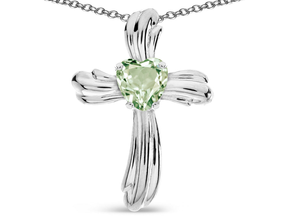 Star K Heart Shape 6mm Genuine Green Amethyst Ribbed Cross Of Love Pendant Necklace 10k White Gold