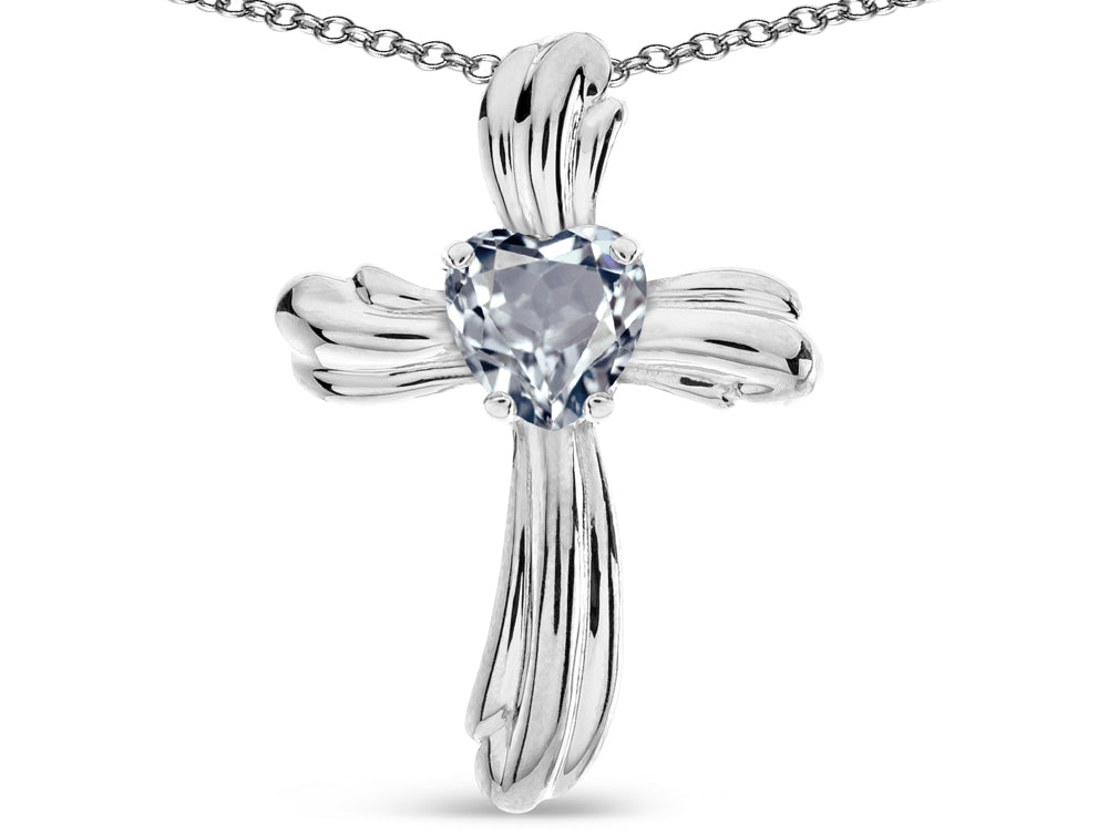 Star K Heart Shape 6mm Genuine Aquamarine Ribbed Cross Of Love Pendant Necklace 10k White Gold