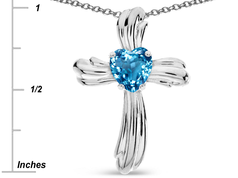 Star K Heart Shape 6mm Genuine Blue Topaz Ribbed Cross Of Love Pendant Necklace 10k White Gold