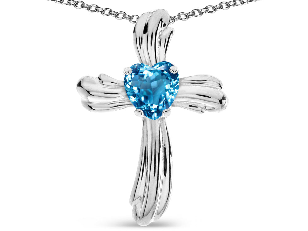 Star K Heart Shape 6mm Genuine Blue Topaz Ribbed Cross Of Love Pendant Necklace 10k White Gold