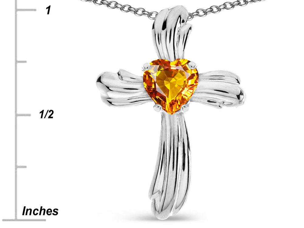 Star K Heart Shape 6mm Genuine Citrine Ribbed Cross Of Love Pendant Necklace 10k White Gold
