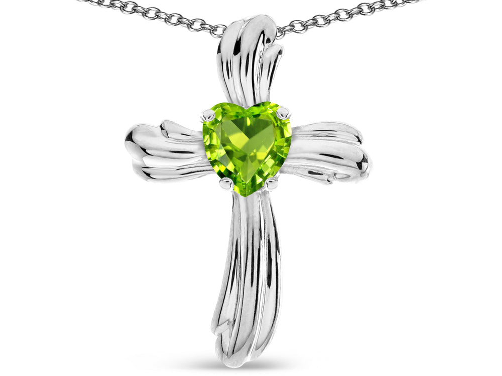 Star K Heart Shape 6mm Genuine Peridot Ribbed Cross Of Love Pendant Necklace 10k White Gold