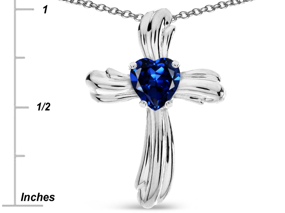 Star K Heart Shape 6mm Created Sapphire Ribbed Cross Of Love Pendant Necklace 10k White Gold