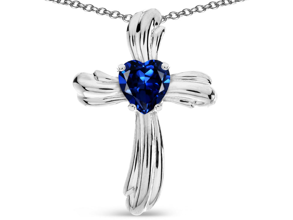 Star K Heart Shape 6mm Created Sapphire Ribbed Cross Of Love Pendant Necklace 10k White Gold