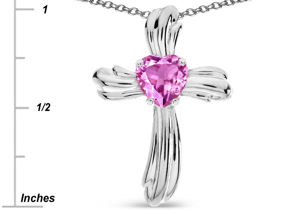 Star K Heart Shape 6mm Created Pink Sapphire Ribbed Cross Of Love Pendant Necklace 10k White Gold