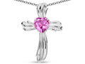 Star K Heart Shape 6mm Created Pink Sapphire Ribbed Cross Of Love Pendant Necklace 10k White Gold