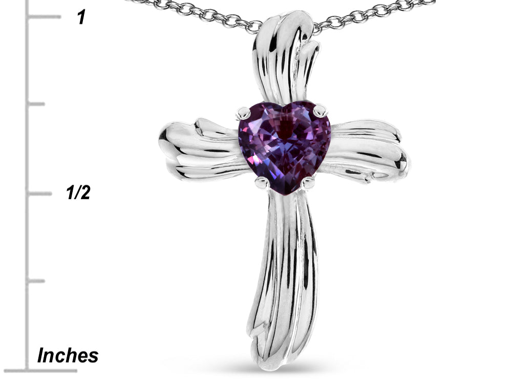 Star K Heart Shape 6mm Simulated Alexandrite Ribbed Cross Of Love Pendant Necklace 10k White Gold