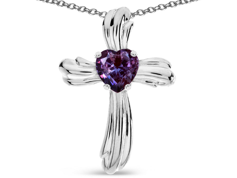 Star K Heart Shape 6mm Simulated Alexandrite Ribbed Cross Of Love Pendant Necklace 10k White Gold