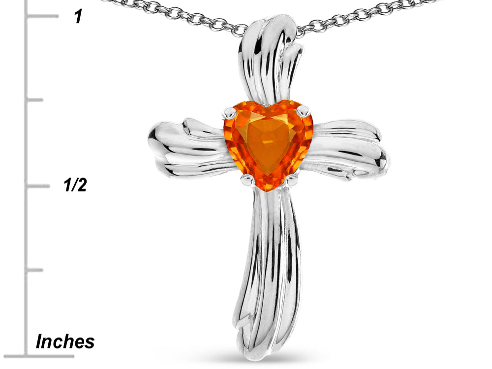 Star K Heart Shape 6mm Simulated Orange Mexican Fire Opal Ribbed Cross Of Love Pendant Necklace 10k White