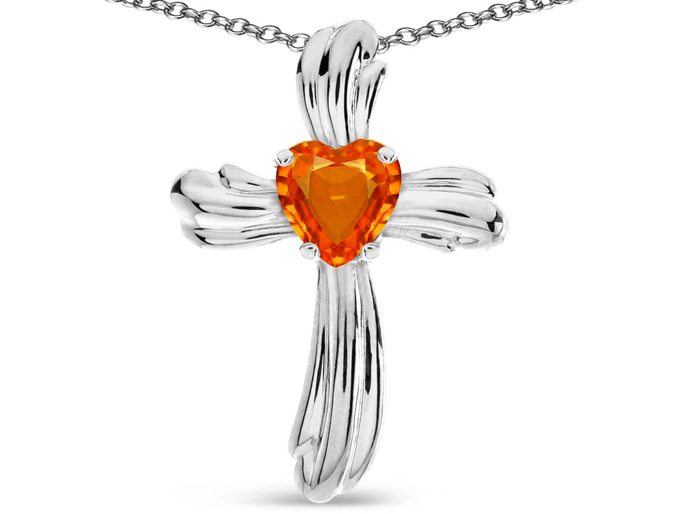 Star K Heart Shape 6mm Simulated Orange Mexican Fire Opal Ribbed Cross Of Love Pendant Necklace 10k White