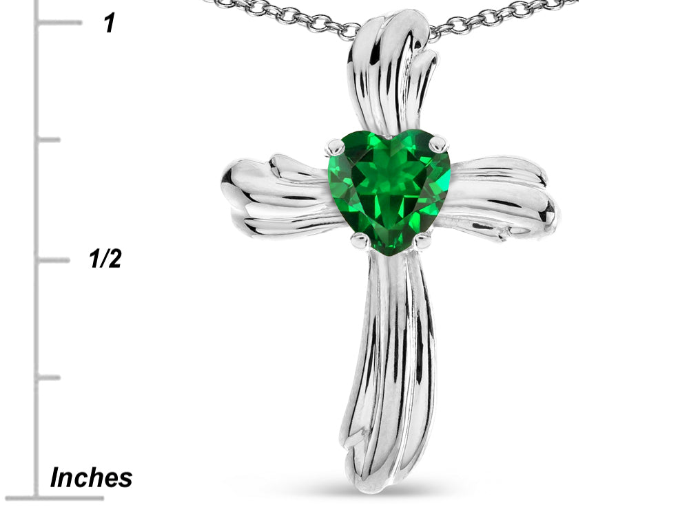 Star K Heart Shape 6mm Simulated Emerald Ribbed Cross Of Love Pendant Necklace 10k White Gold