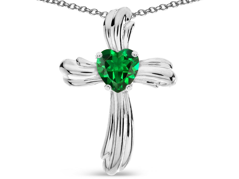 Star K Heart Shape 6mm Simulated Emerald Ribbed Cross Of Love Pendant Necklace 10k White Gold