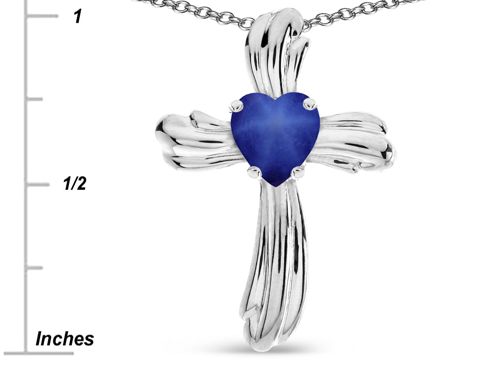 Star K Heart Shape 6mm Created Star Sapphire Ribbed Cross Of Love Pendant Necklace 10k White Gold