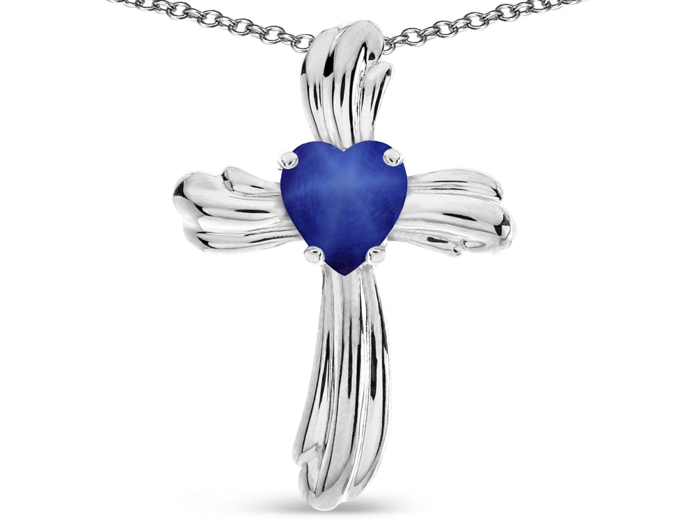 Star K Heart Shape 6mm Created Star Sapphire Ribbed Cross Of Love Pendant Necklace 10k White Gold