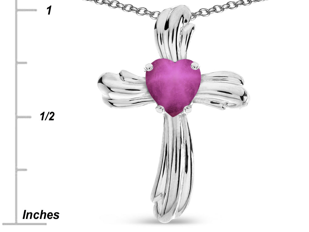 Star K Heart Shape 6mm Created Star Ruby Ribbed Cross Of Love Pendant Necklace 10k White Gold