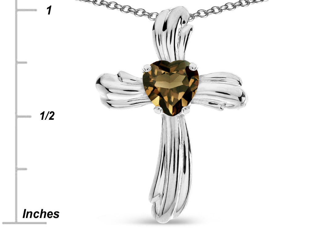 Star K Heart Shape 6mm Genuine Smoky Quartz Ribbed Cross Of Love Pendant Necklace 10k White Gold