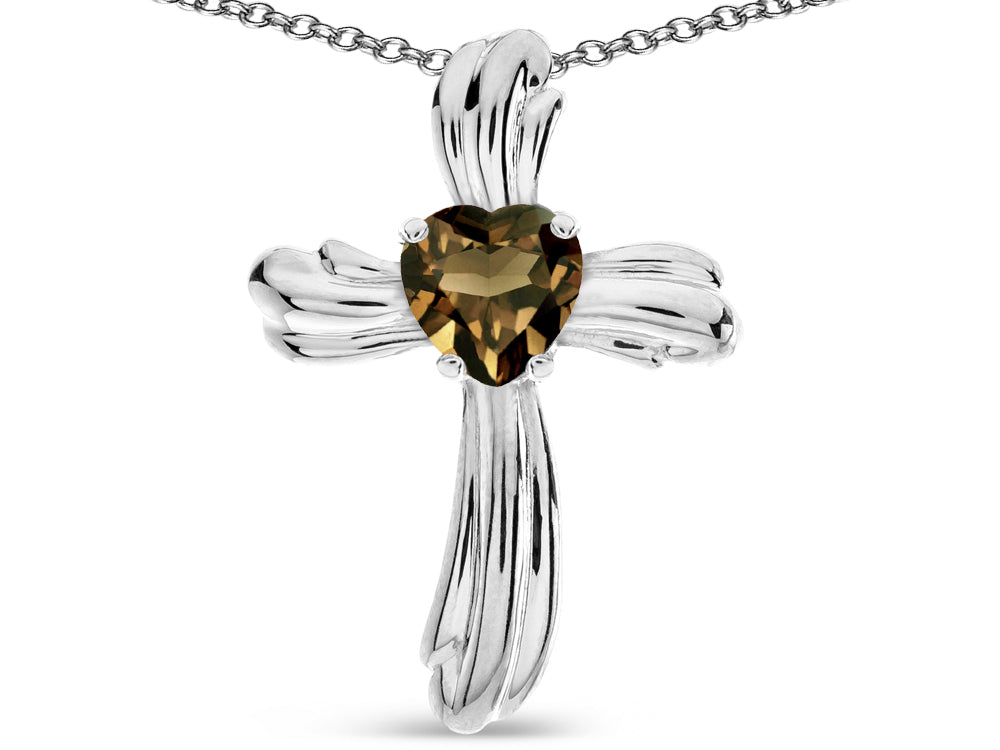 Star K Heart Shape 6mm Genuine Smoky Quartz Ribbed Cross Of Love Pendant Necklace 10k White Gold