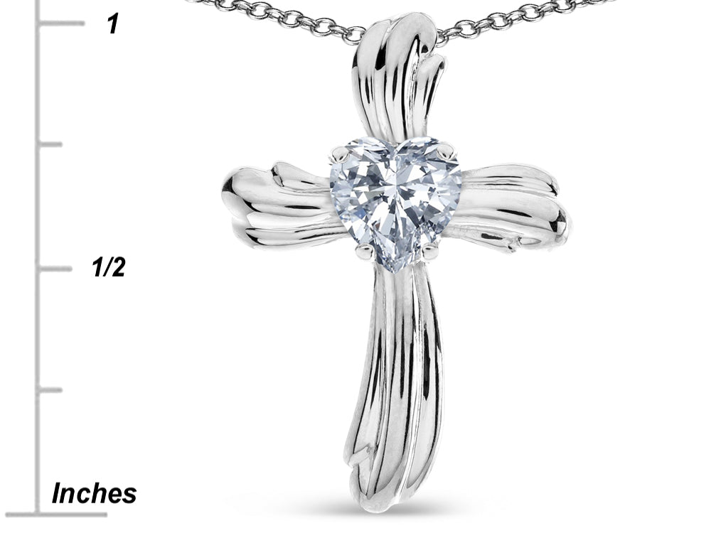 Star K Heart Shape 6mm Genuine White Topaz Ribbed Cross Of Love Pendant Necklace 10k White Gold