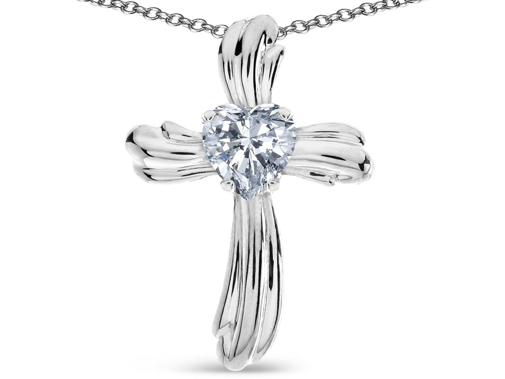 Star K Heart Shape 6mm Genuine White Topaz Ribbed Cross Of Love Pendant Necklace 10k White Gold