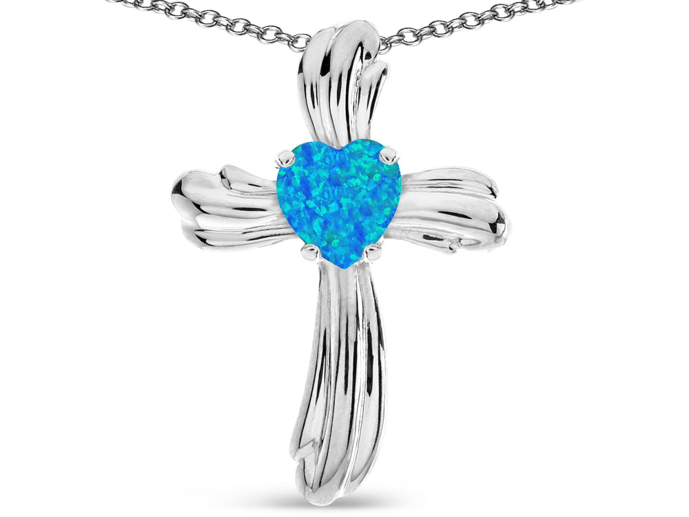 Star K Heart Shape 6mm Blue Created Opal Ribbed Cross Of Love Pendant Necklace 10k White Gold