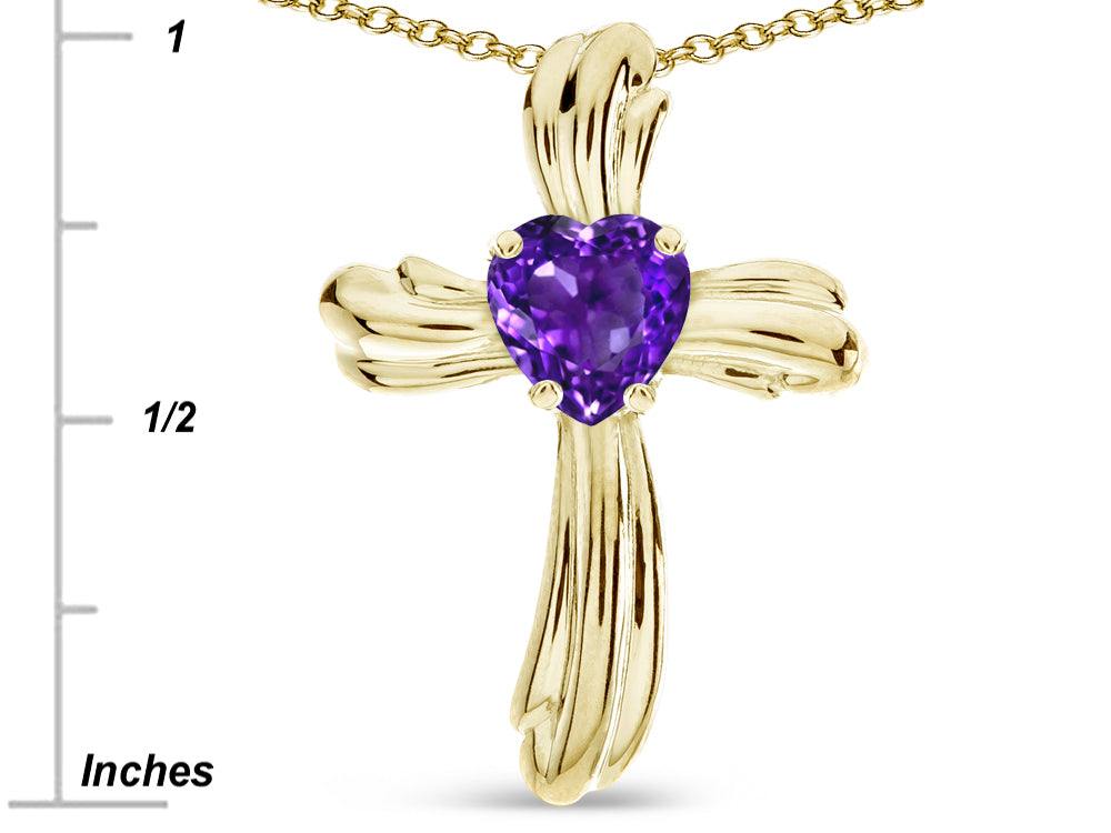 Star K Heart Shape 6mm Genuine Amethyst Ribbed Cross Of Love Pendant Necklace 14k Yellow Gold