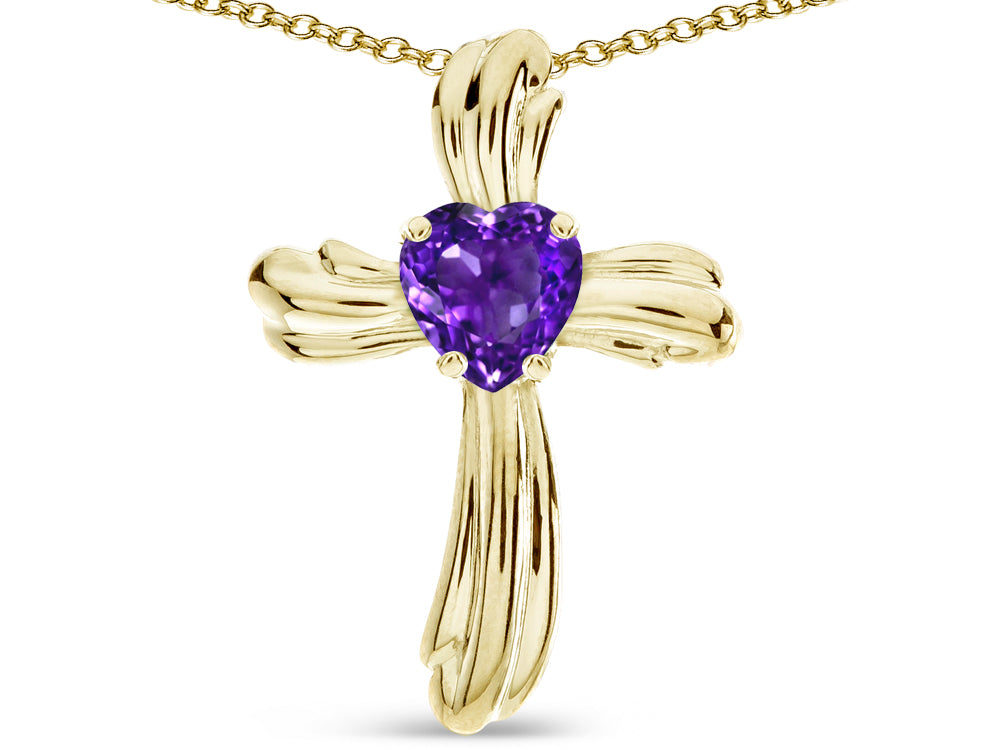 Star K Heart Shape 6mm Genuine Amethyst Ribbed Cross Of Love Pendant Necklace 14k Yellow Gold