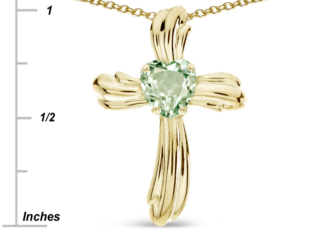 Star K Heart Shape 6mm Genuine Green Amethyst Ribbed Cross Of Love Pendant Necklace 14k Yellow Gold