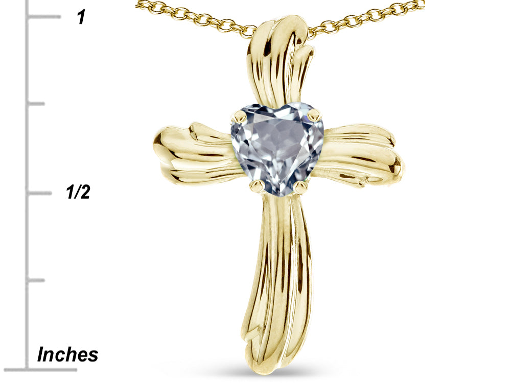 Star K Heart Shape 6mm Genuine Aquamarine Ribbed Cross Of Love Pendant Necklace 14k Yellow Gold