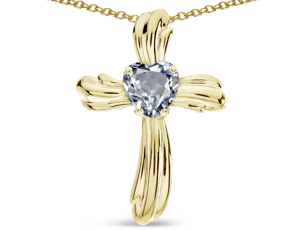 Star K Heart Shape 6mm Genuine Aquamarine Ribbed Cross Of Love Pendant Necklace 14k Yellow Gold