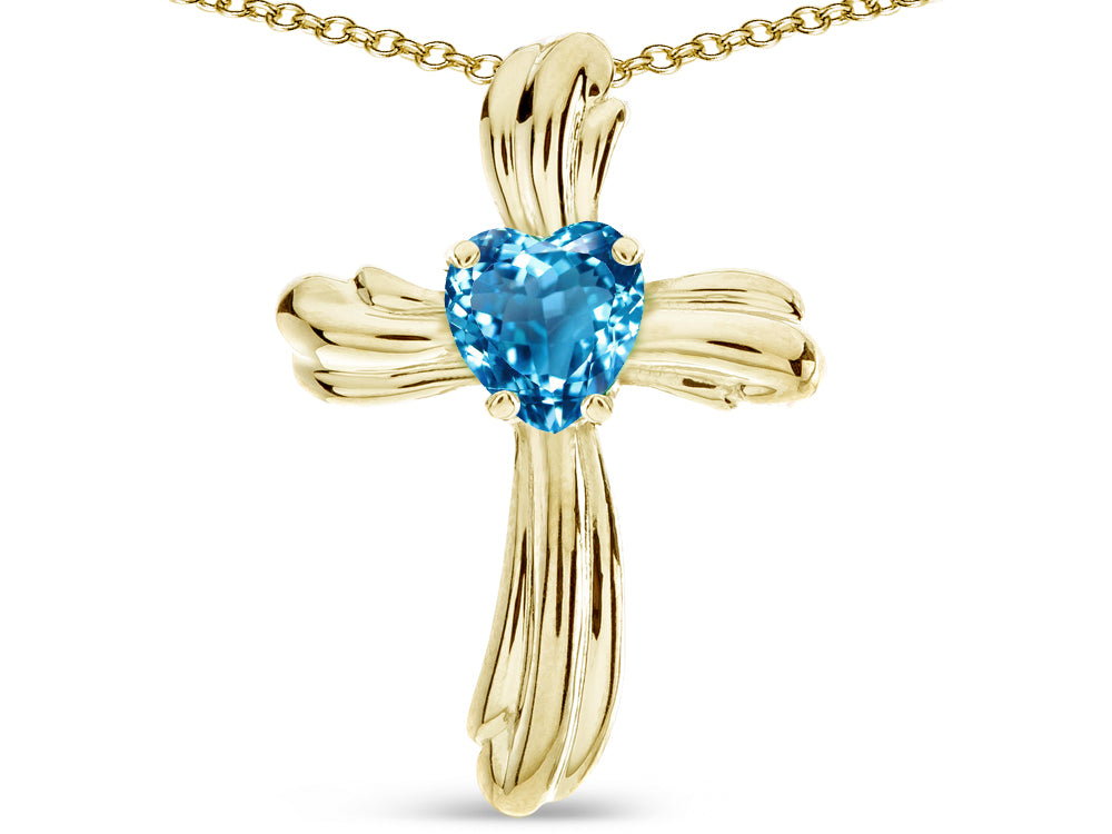 Star K Heart Shape 6mm Genuine Blue Topaz Ribbed Cross Of Love Pendant Necklace 14k Yellow Gold