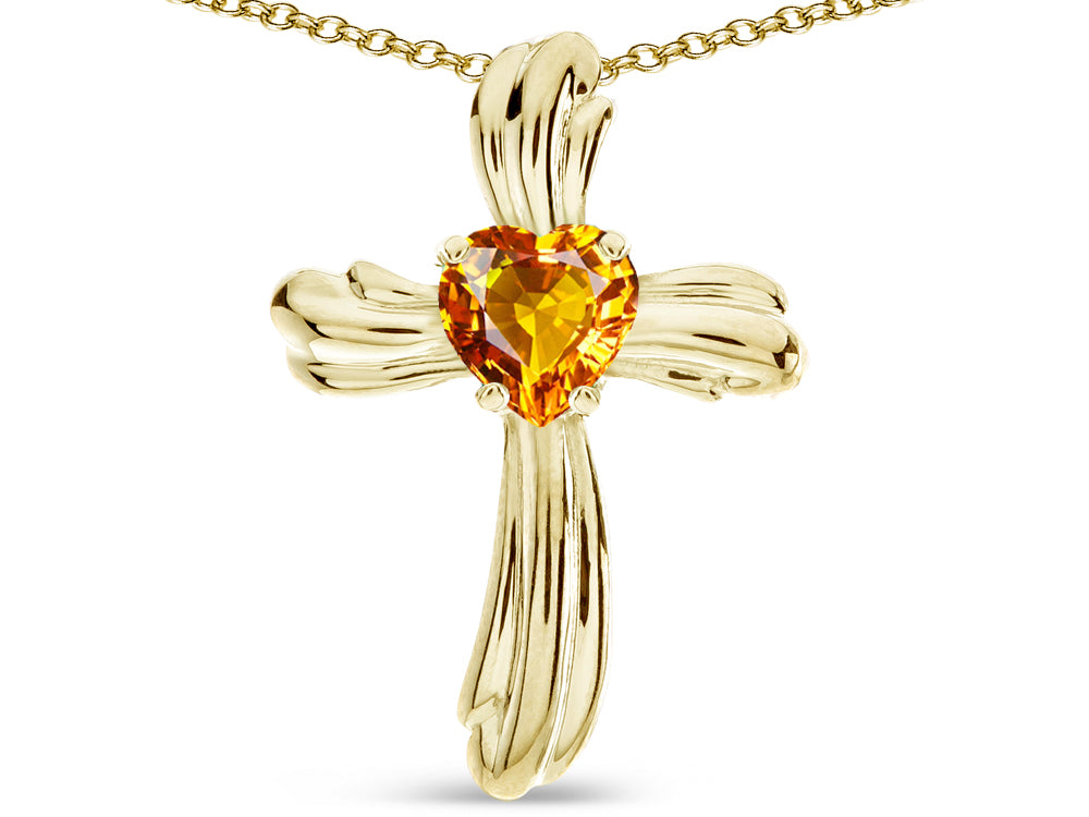 Star K Heart Shape 6mm Genuine Citrine Ribbed Cross Of Love Pendant Necklace 14k Yellow Gold