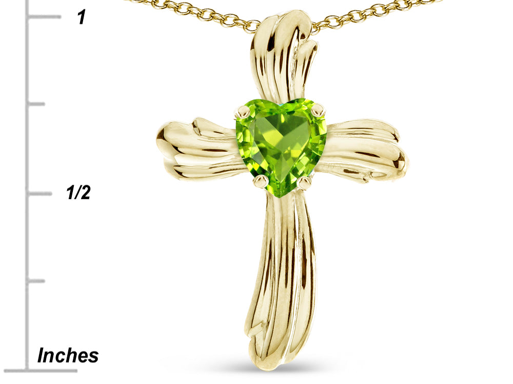 Star K Heart Shape 6mm Genuine Peridot Ribbed Cross Of Love Pendant Necklace 14k Yellow Gold