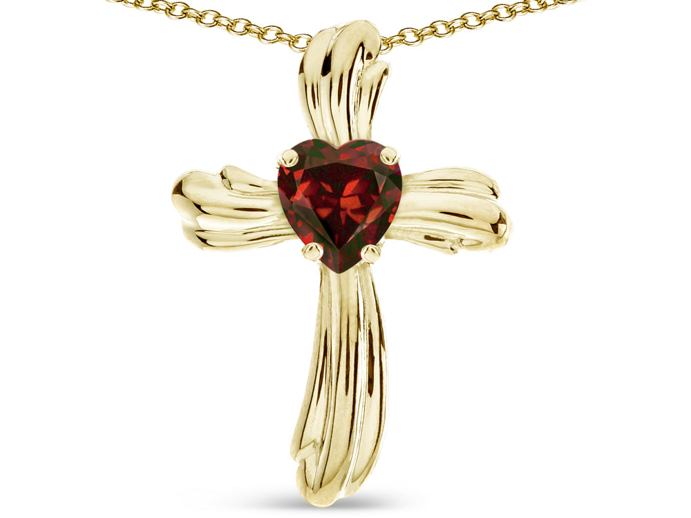Star K Heart Shape 6mm Genuine Garnet Ribbed Cross Of Love Pendant Necklace 14k Yellow Gold