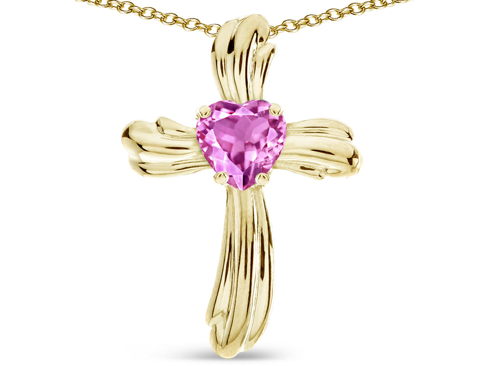 Star K Heart Shape 6mm Created Pink Sapphire Ribbed Cross Of Love Pendant Necklace 14k Yellow Gold