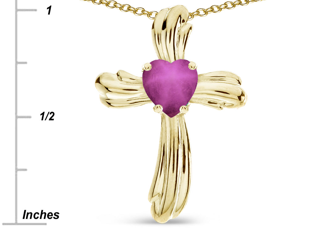 Star K Heart Shape 6mm Created Star Ruby Ribbed Cross Of Love Pendant Necklace 14k Yellow Gold