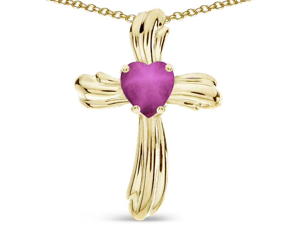Star K Heart Shape 6mm Created Star Ruby Ribbed Cross Of Love Pendant Necklace 14k Yellow Gold