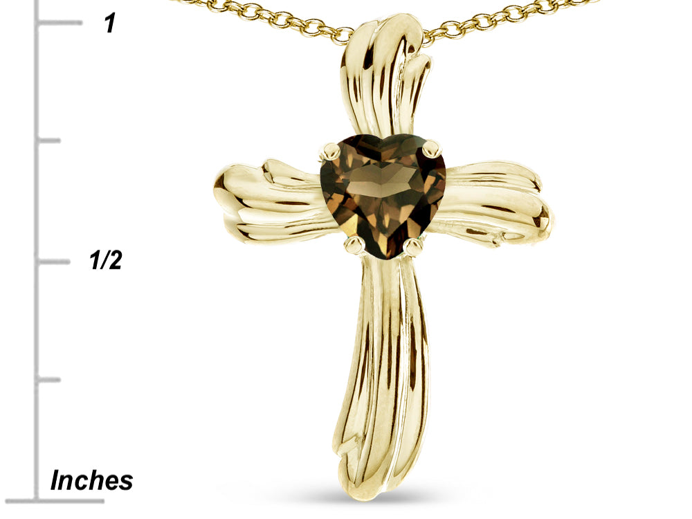 Star K Heart Shape 6mm Genuine Smoky Quartz Ribbed Cross Of Love Pendant Necklace 14k Yellow Gold