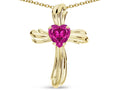 Star K Heart Shape 6mm Simulated Pink Tourmaline Ribbed Cross Of Love Pendant Necklace 14k Yellow Gold