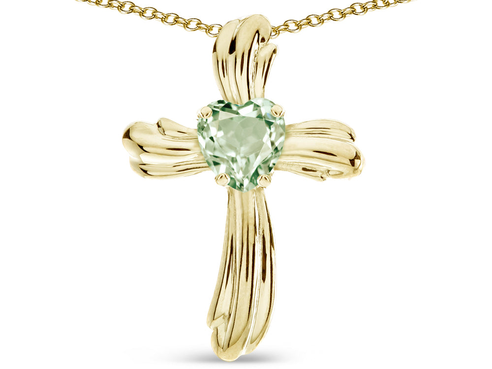 Star K Heart Shape 6mm Genuine Green Amethyst Ribbed Cross Of Love Pendant Necklace 10k Yellow Gold